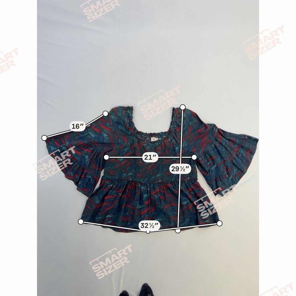 Terra & Sky Blouse Womens 3X 24/26 Blue Red Smocked Short Bell Sleeve Boho - Picture 10 of 10